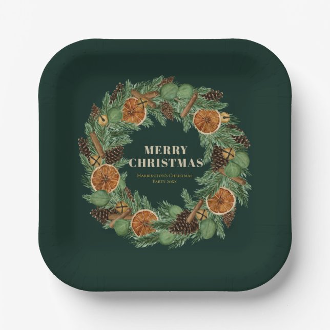 Plato De Papel Rústico Naranja seco Holiday Pine Wreath Green (Anverso)