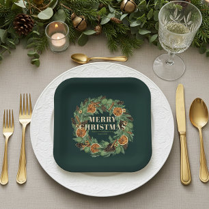 Plato De Papel Rústico Naranja seco Holiday Pine Wreath Green