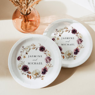 Plato De Papel Rústico Otumn Marsala Boda de guirnaldas florales