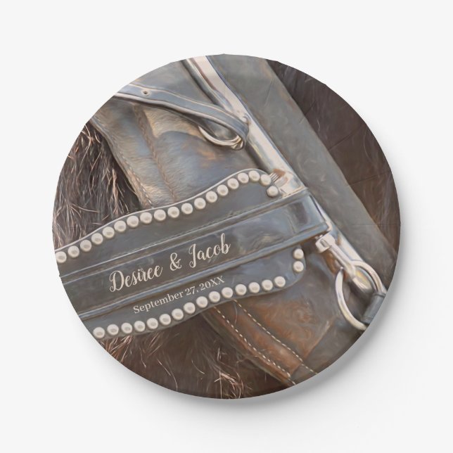 Plato De Papel Rústico País Boda Marrón Caballo Occidental (Anverso)