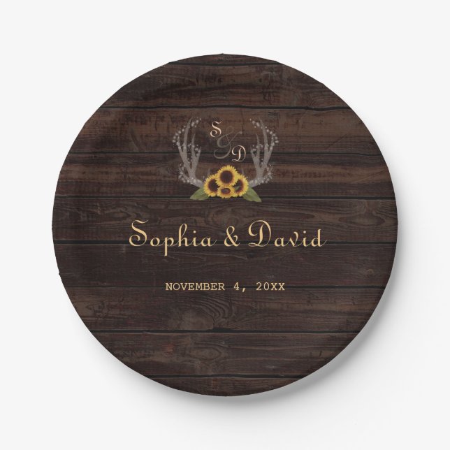Plato De Papel Rústico País Sunflowers Antlers Boda (Anverso)