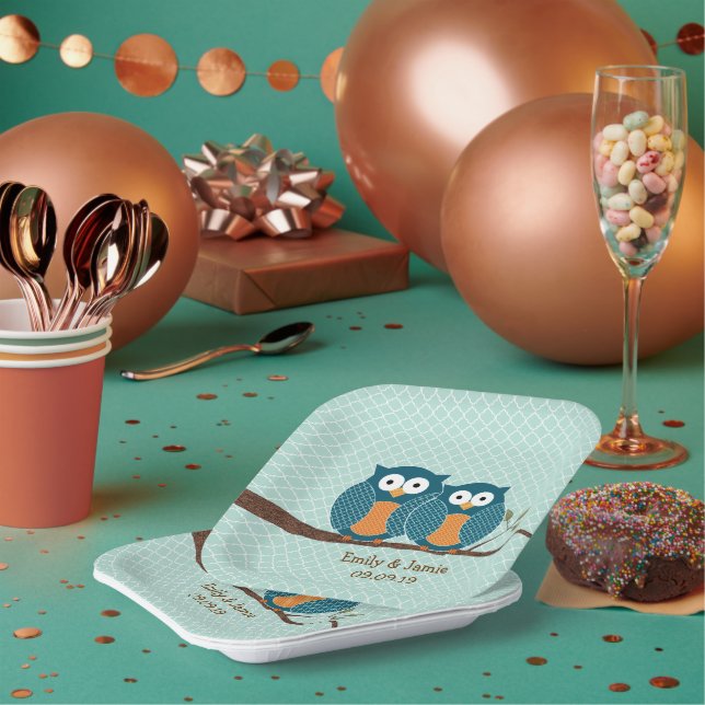 Plato De Papel Rústico País Verde azulado Lechuzas ricas sentadas (Multi)