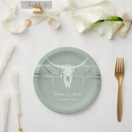 Plato De Papel Rústico Pastel Sage Green White Cow Skull