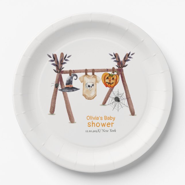 Plato De Papel Rústico Pequeño Boo Ropa Halloween Baby Shower (Anverso)