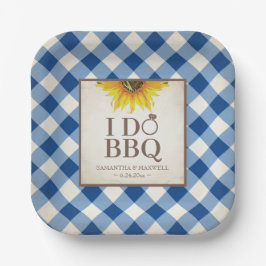 Plato De Papel Rústico Sunflower Blue Gingham I Do BBQ