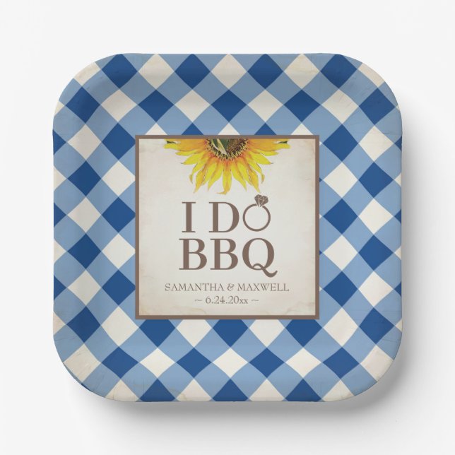 Plato De Papel Rústico Sunflower Blue Gingham I Do BBQ (Anverso)