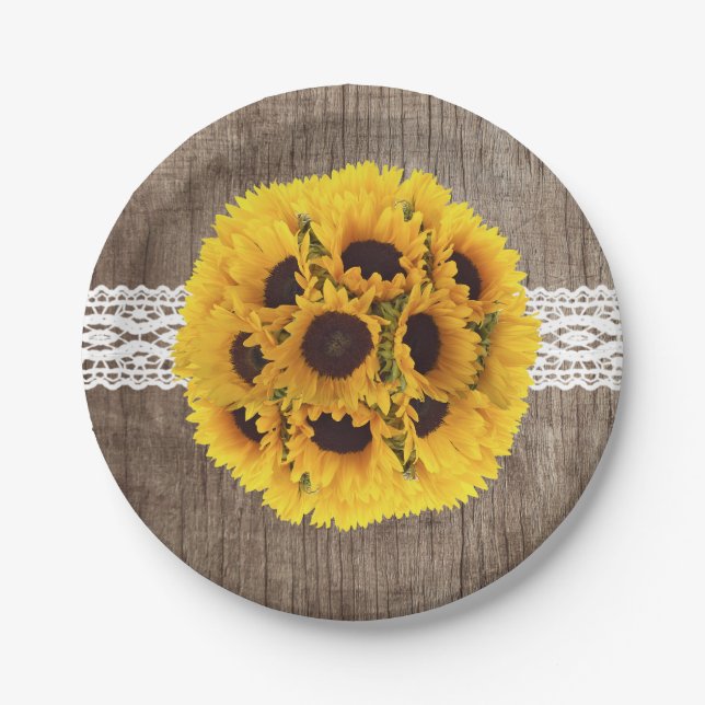 Plato De Papel Rústico Sunflower Lace & Barn Wood Elegant Wedding (Anverso)