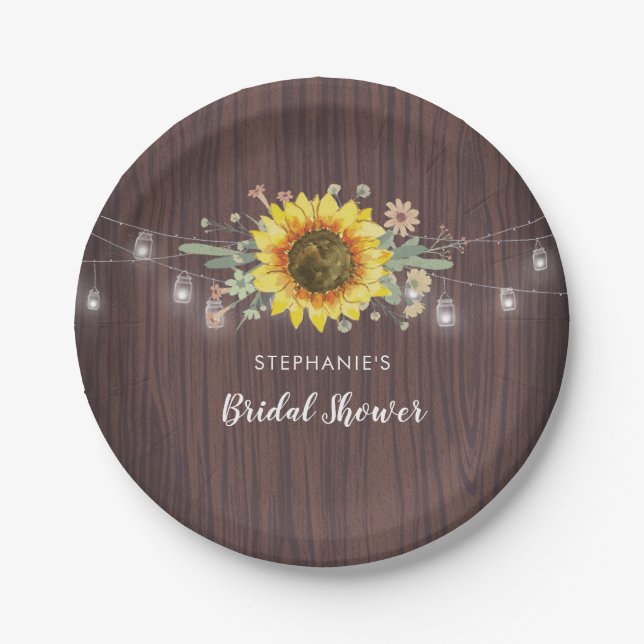 Plato De Papel Rústico Sunflowers Jar Ilumina Wood Bridal Shower (Anverso)