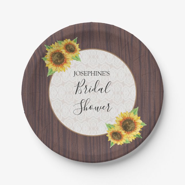 Plato De Papel Rústico Sunflowers Lace Wood Bridal Shower (Anverso)