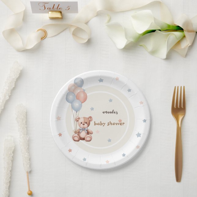 Plato De Papel Rústico Teddy Bear Balloons Baby Shower (Boda)