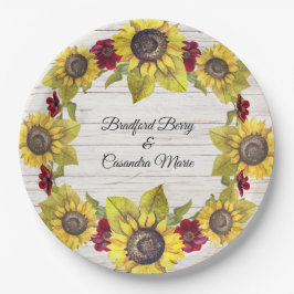 Plato De Papel Rústico Weathered White Wood Bride Groom Sunflower