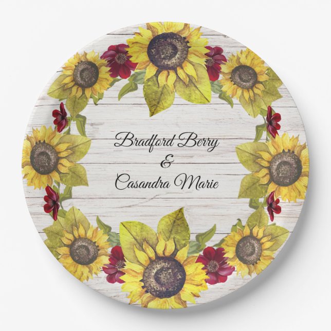 Plato De Papel Rústico Weathered White Wood Bride Groom Sunflower (Anverso)