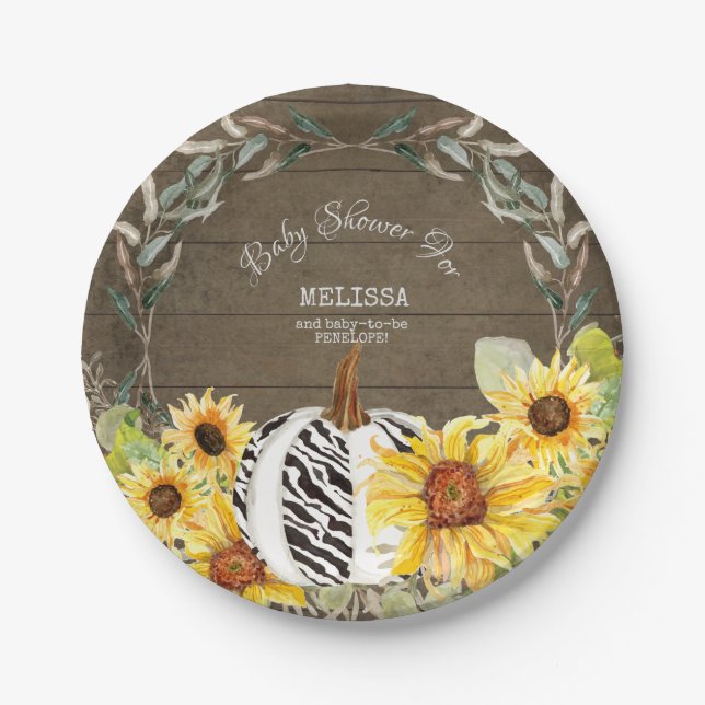 Plato De Papel Rústico Zebra White Pumpkin Sunflowers Baby Shower (Anverso)