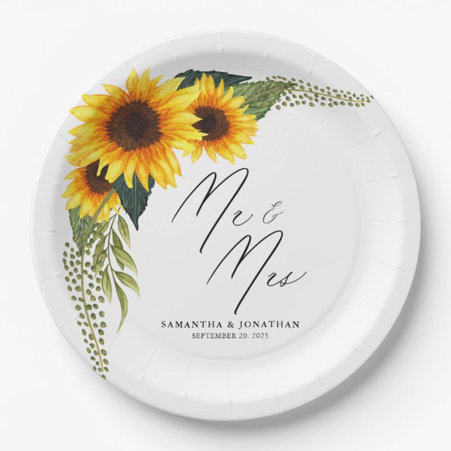 Plato De Papel Rústicos Sunflowers Script Mr and Mrs Boda (Anverso)