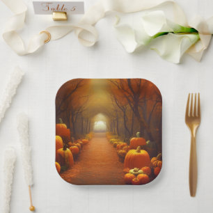 Plato De Papel Ruta de calabaza Hermosa escena del otoño