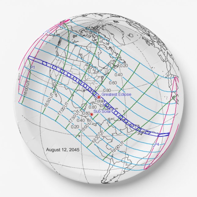 Plato De Papel Ruta mundial total del eclipse solar 2045 (Anverso)