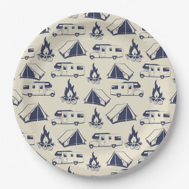 Plato De Papel RV Camper Tent Campfire Pattern (Anverso)