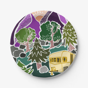 Plato De Papel RV Camping Mountain Sun Scene
