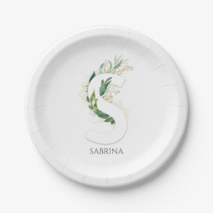 Plato De Papel S Monograma Hojas Verde Elegante Nombre