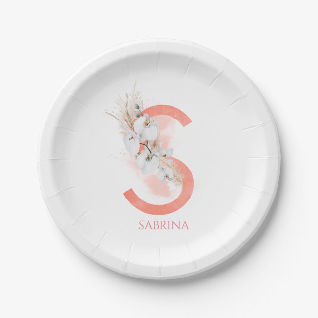 Plato De Papel S Nombre Monograma Pampas Grass White Orchids (Anverso)