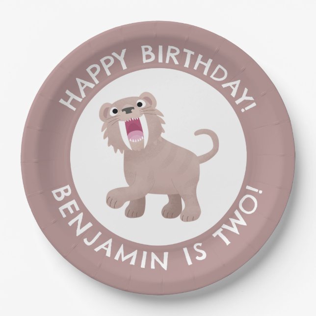 Plato De Papel Saber Toothed Tiger Smilodon cumpleaños personaliz (Anverso)
