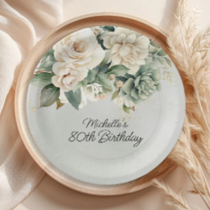 Plato De Papel Sabio Blanco Verde Floral Dorado Cumpleaños 80