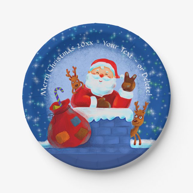 Plato De Papel Saco de reno de la chimenea Santa Añadir el año Te (Anverso)