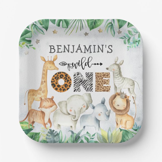 Plato De Papel Safari acuarela Animales salvajes un cumpleaños (Anverso)
