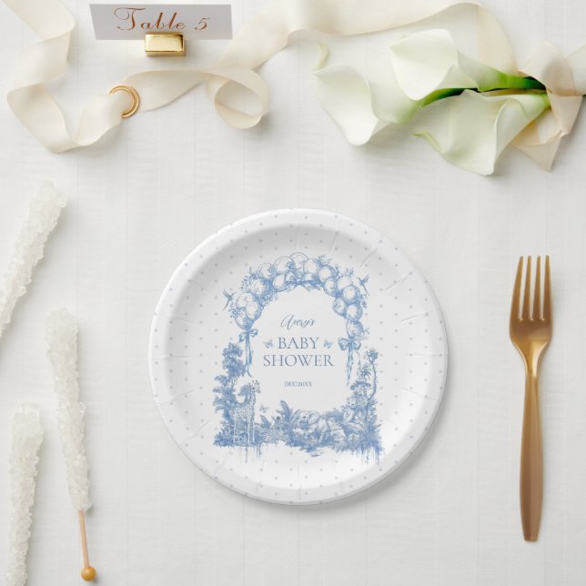Plato De Papel Safari Animal Dusty Blue Toile Baby Shower (Boda)
