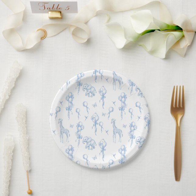 Plato De Papel Safari Animal Dusty Blue Toile Baby Shower (Boda)