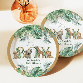 Plato De Papel Safari Animal Jungle Green & Gold boy Baby Shower
