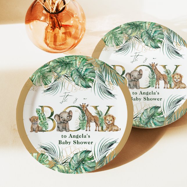 Plato De Papel Safari Animal Jungle Green & Gold boy Baby Shower (Subido por el creador)