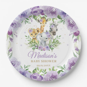 Plato De Papel Safari animal selvático morado Baby Shower