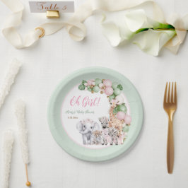 Plato De Papel Safari Animal Tropical Green Pink Baby Shower