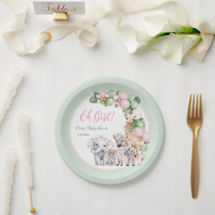 Plato De Papel Safari Animal Tropical Green Pink Baby Shower