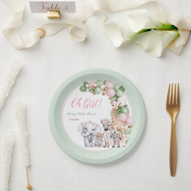 Plato De Papel Safari Animal Tropical Green Pink Baby Shower (Boda)