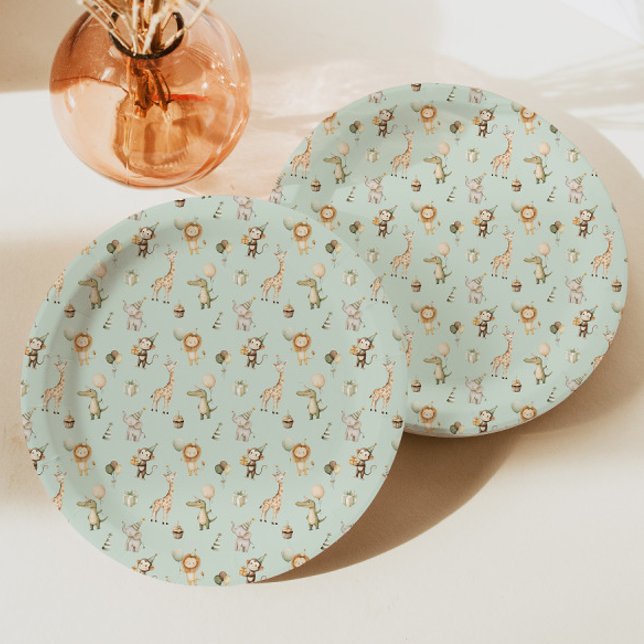 Plato De Papel Safari Animales Papel de cumpleaños Placa verde Ju (Subido por el creador)