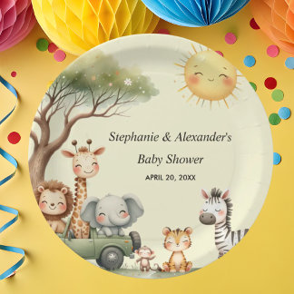 Plato De Papel Safari animals gender neutral baby shower round