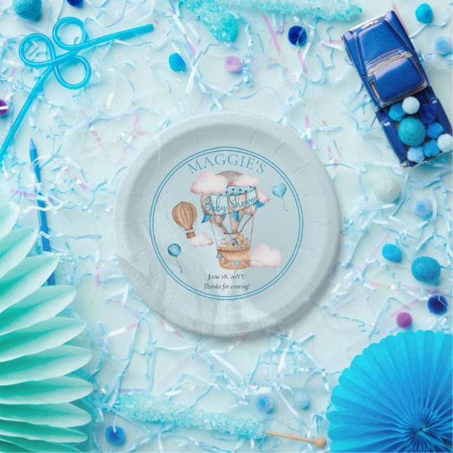 Plato De Papel Safari Animals Globos Blue Boy Baby Shower (Fiesta)