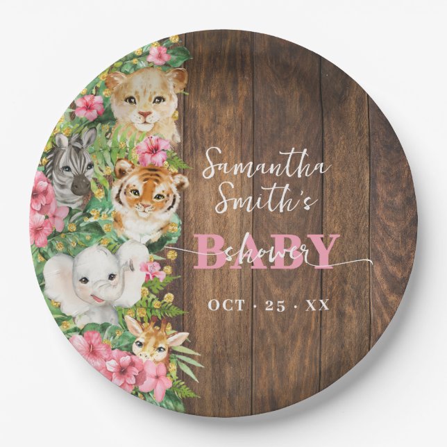 Plato De Papel Safari Animals Pink Rustic Baby Shower  (Anverso)