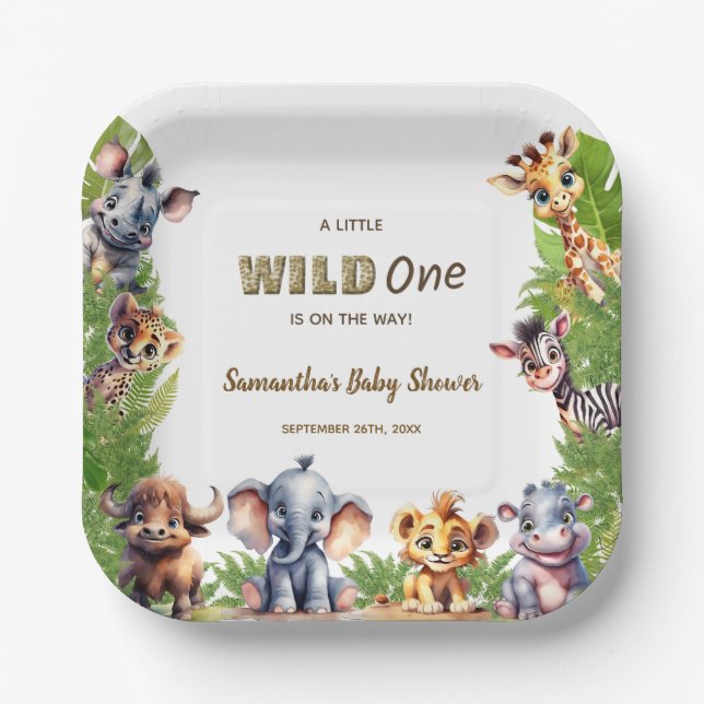 Plato De Papel Safari Baby Shower Wild One Jungle (Anverso)