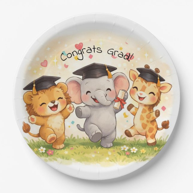 Plato De Papel Safari Graduation Cute Animal Pastel Party  (Anverso)