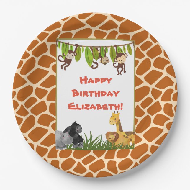 Plato De Papel Safari Jungle Animal Tema Feliz cumpleaños (Anverso)