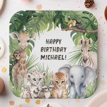 Plato De Papel Safari Jungle Animales temáticos niños cumpleaños<br><div class="desc">Entrar en un mundo de aventura con nuestra Planta de Papel de Cumpleaños de los Animales de la Selva Safari, una deliciosa adición a la celebración de cumpleaños de cualquier niño. Cada plato presenta un diseño encantador de animales infantiles de color acuático, incluyendo una jirafa, tigre, elefante, cebra y más,...</div>