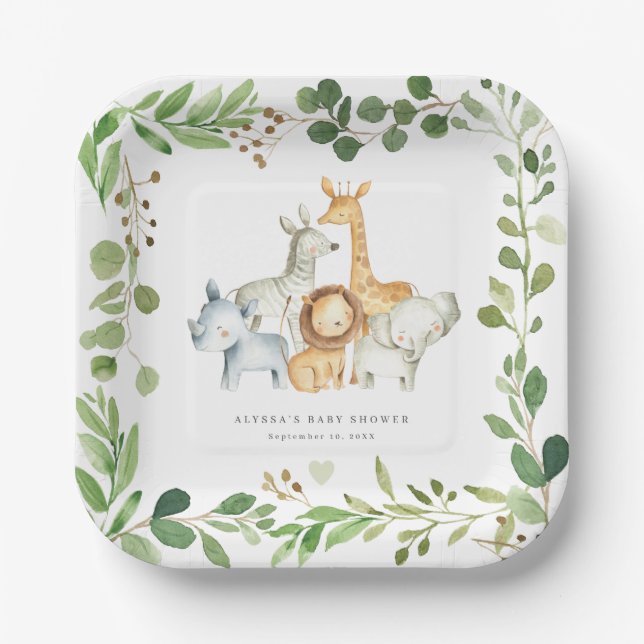 Plato De Papel Safari Jungle Animals Baby Shower Paper Plates (Anverso)