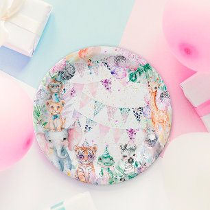 Plato De Papel Safari Jungle Cute Animals Chica Cumpleaños