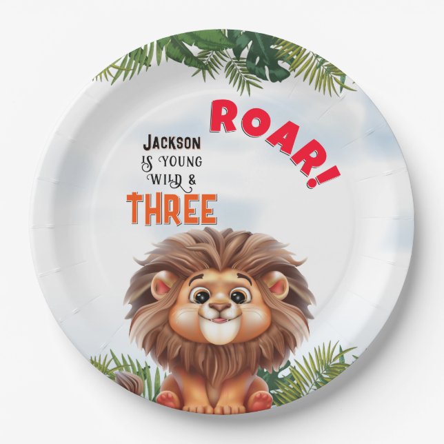 Plato De Papel Safari Lion Wild & Three Kids Cumpleaños (Anverso)