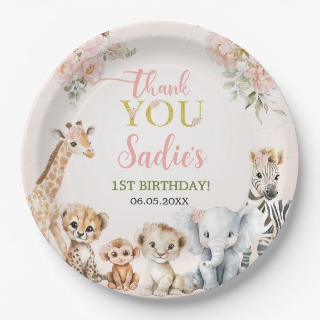 Plato De Papel Safari Sweet Girl Floral Birthday (Anverso)