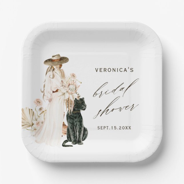 Plato De Papel Safari Wild Leopard Boho Lady Bridal Shower (Anverso)