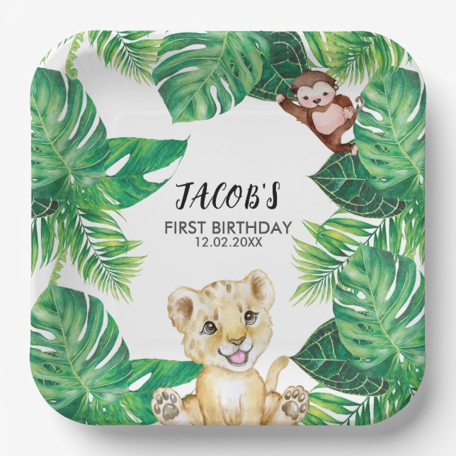 Plato De Papel Safari Wild One Jungle Animal 1st Birthday (Anverso)